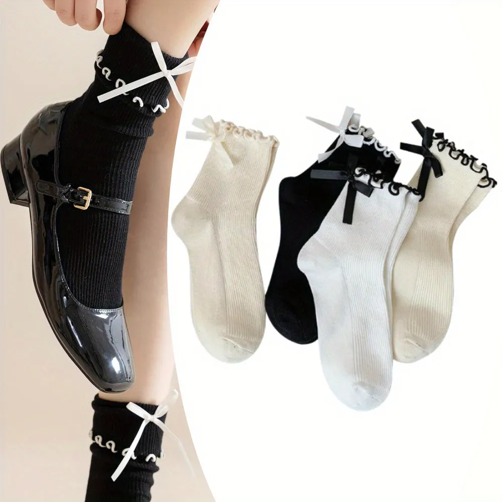 4pcs Versatile Women'S Socks, Mid-calf Lace Socks, Cute Bow Decoration, Women'S Bow Socks, Casual Black, White, Beige, Soft and Breathable Socks, Suitable for All Levels 4, Suitable for Most Shoes