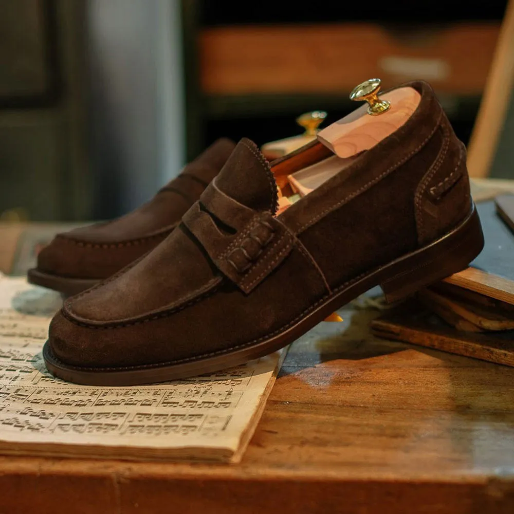 6 CM / 2.36 Inches (No Shoe Last) - CMR CHAMARIPA High Increasing Shoes - Raised Heel Shoes - Handcrafted Dark Brown Suede Penny Loafers