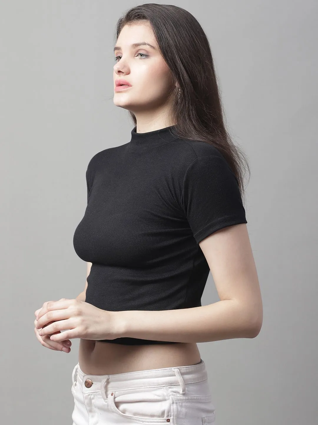 Black Cotton Turtle-Neck Half-Sleeve Crop Top