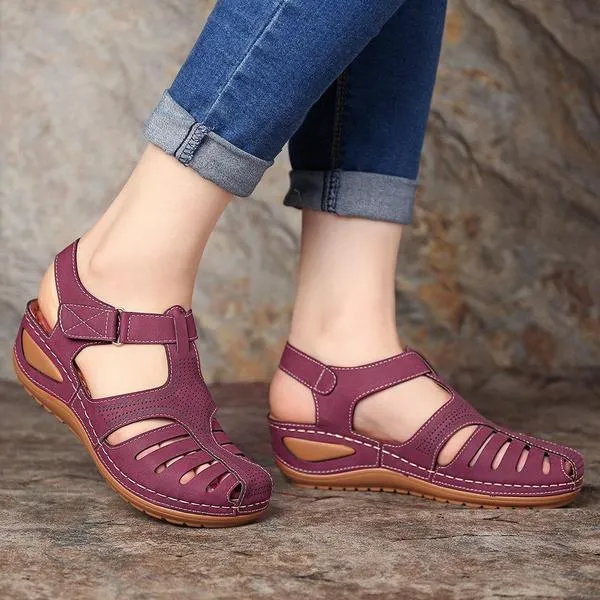 Hollow Out Lightweight Breathable Hook Loop Wedges Sandals