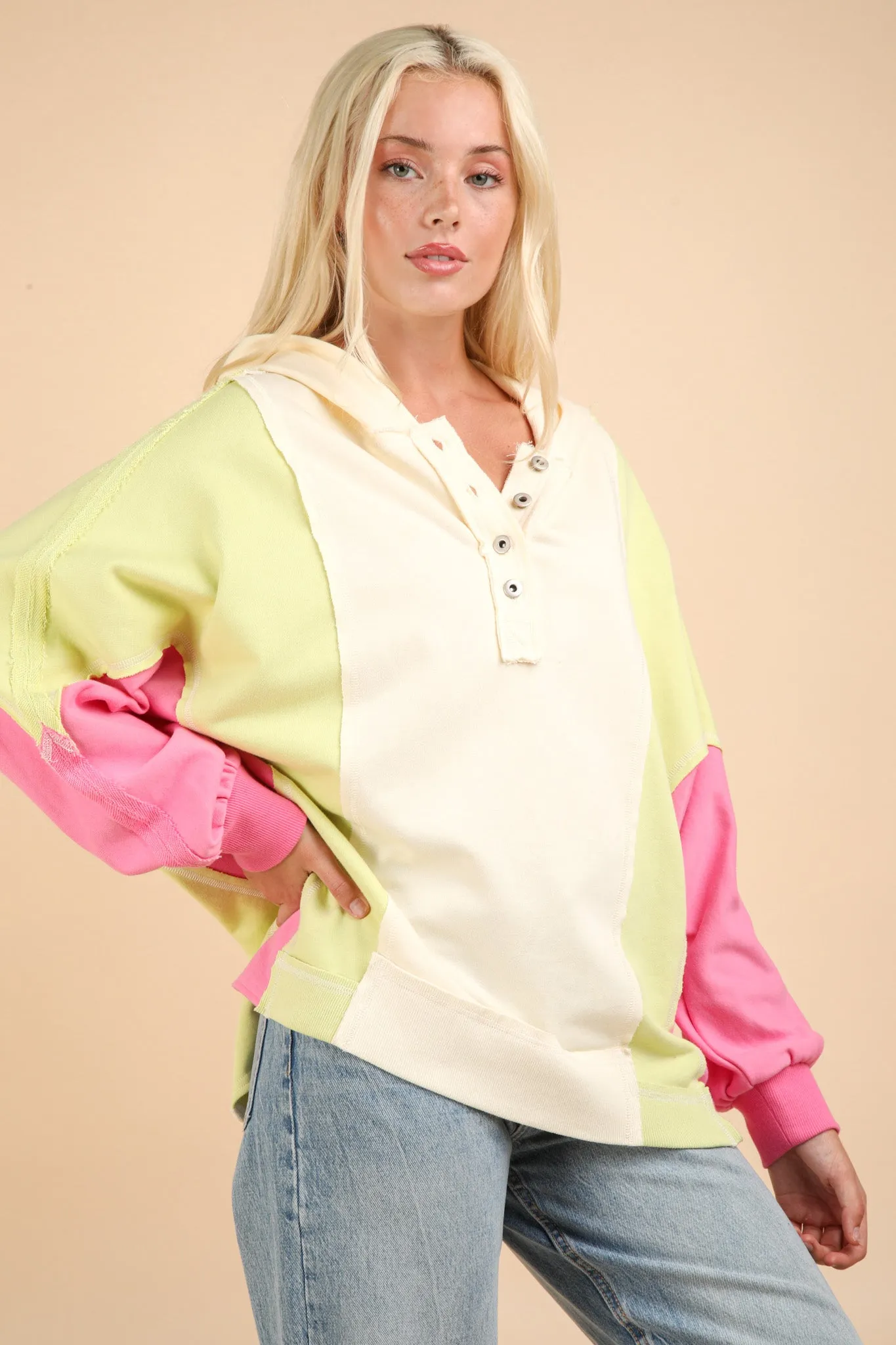 Ivory Lime Pink Colorblock Hoodie