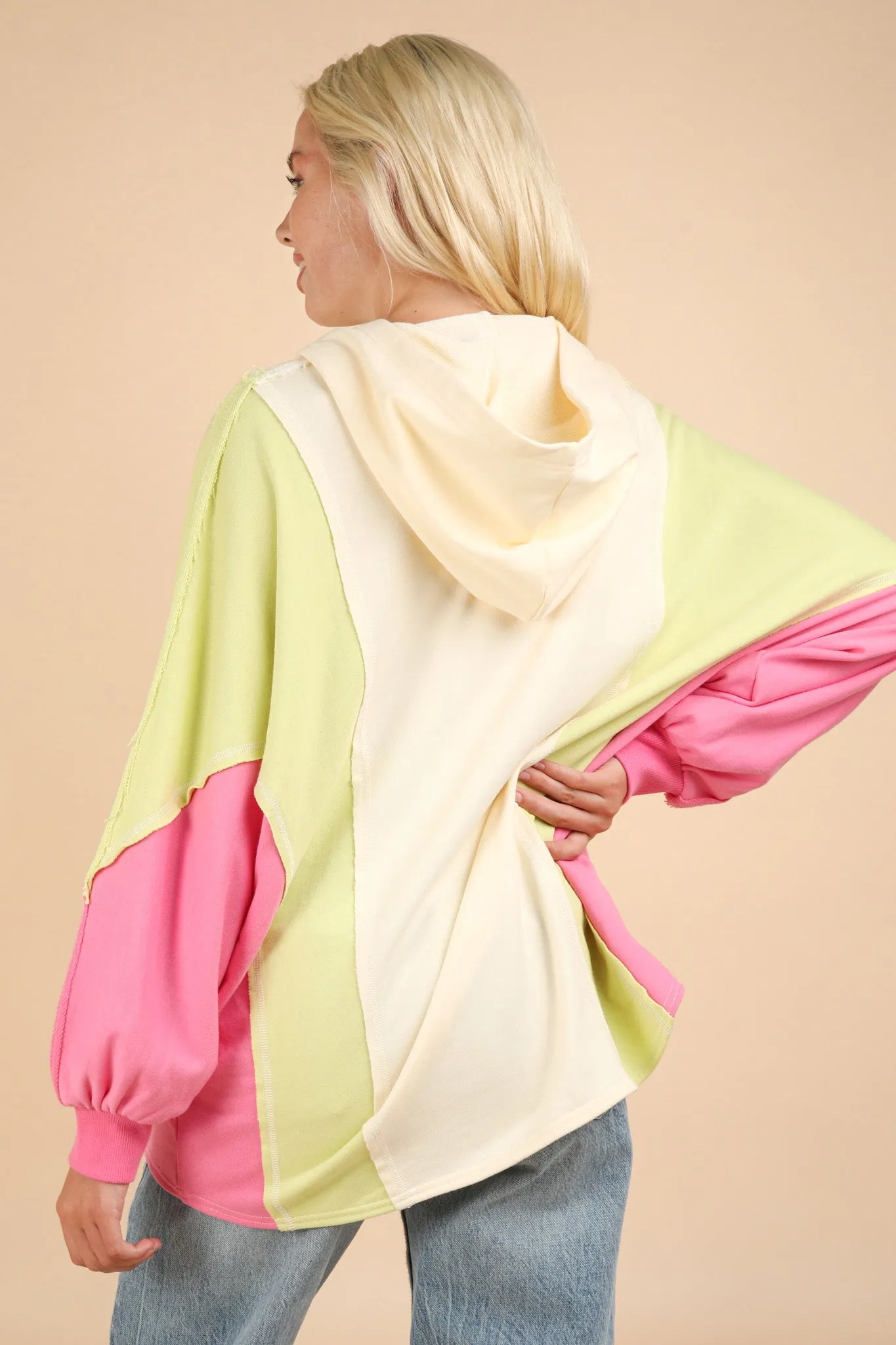 Ivory Lime Pink Colorblock Hoodie
