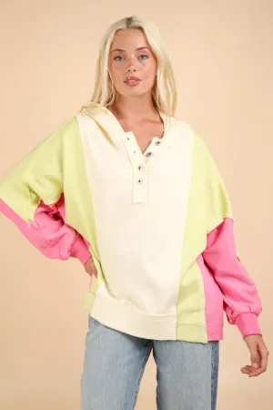 Ivory Lime Pink Colorblock Hoodie