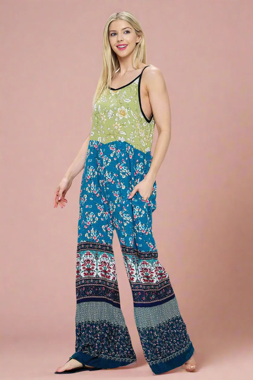 Jumpsuit Boho Overall Patchwork Floral Wide Leg - Blue