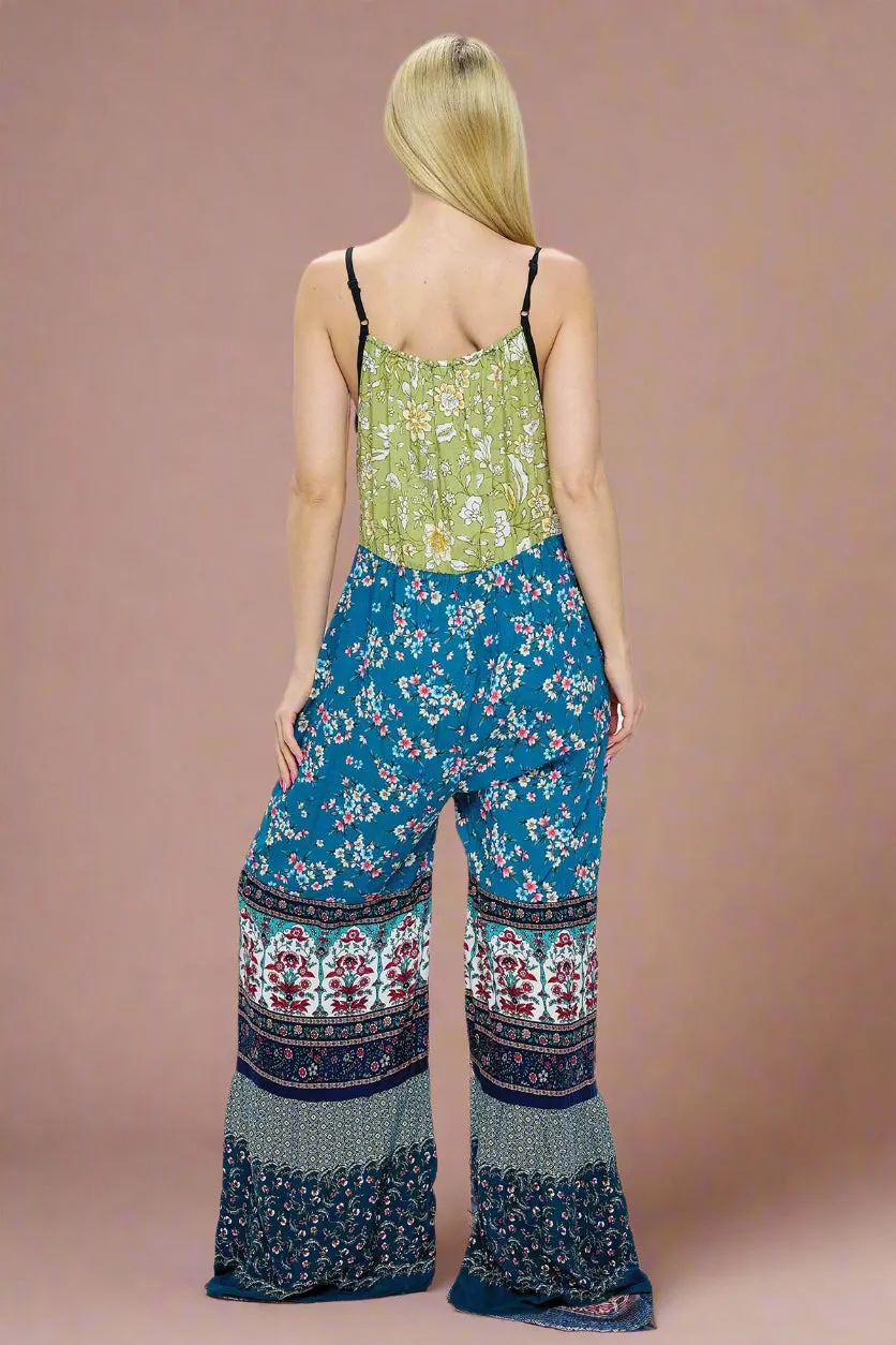 Jumpsuit Boho Overall Patchwork Floral Wide Leg - Blue