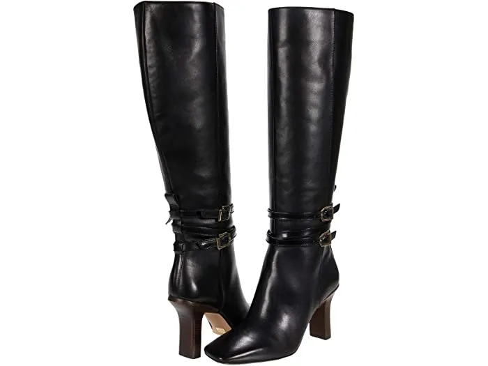 Louise Et Cie Yancey Buckle Knee High Pointed Dress Leather Boots Black Leather