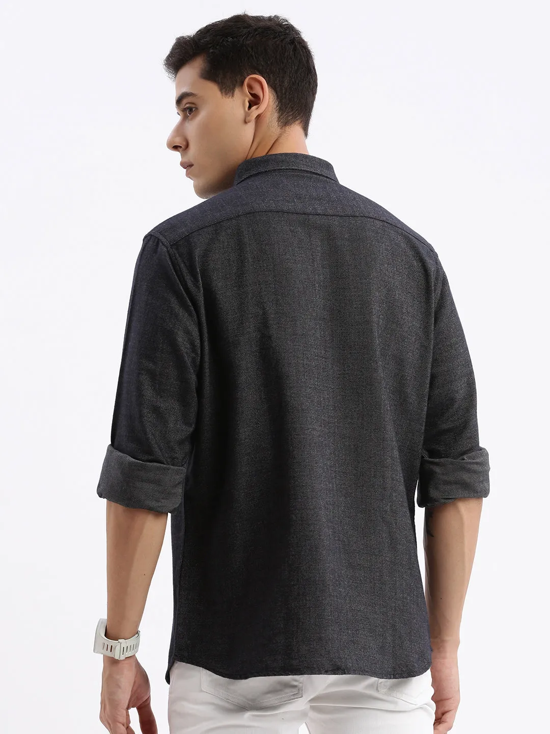 Men Black Standard Slim Fit Button Down Collar Cotton Casual Shirt