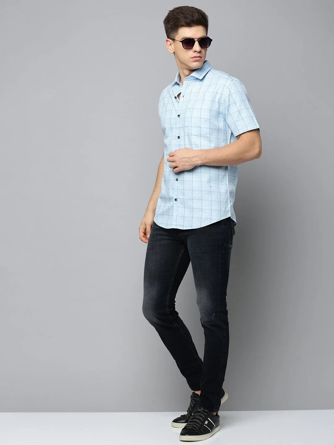 Men Blue Comfort Tartan Checked Twill Weave Casual Shirt