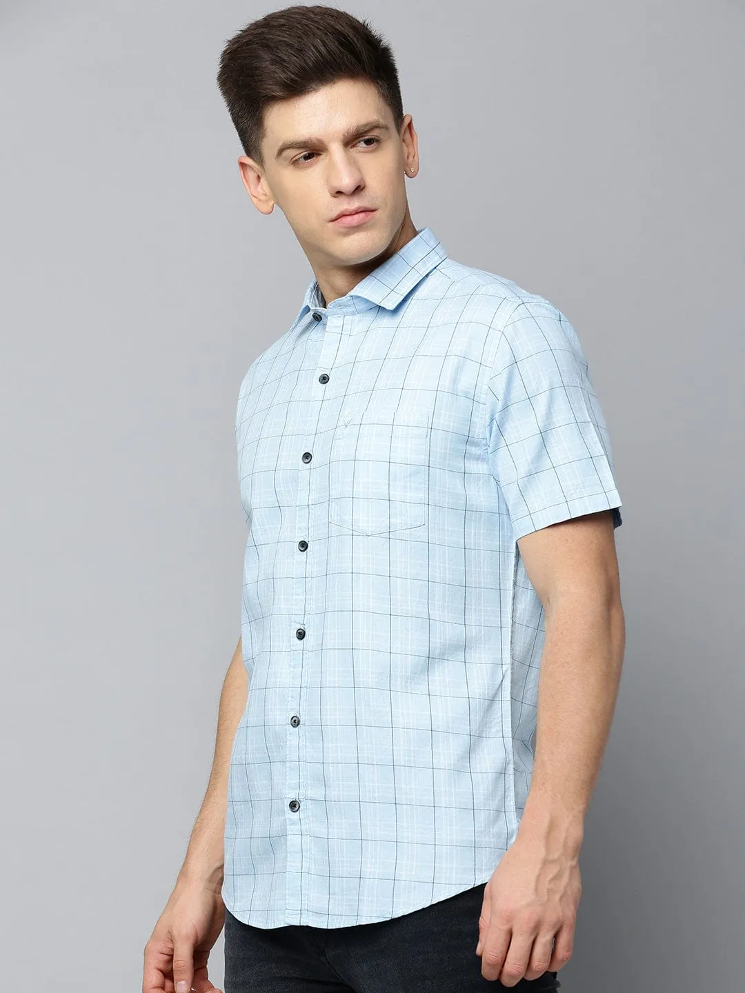 Men Blue Comfort Tartan Checked Twill Weave Casual Shirt