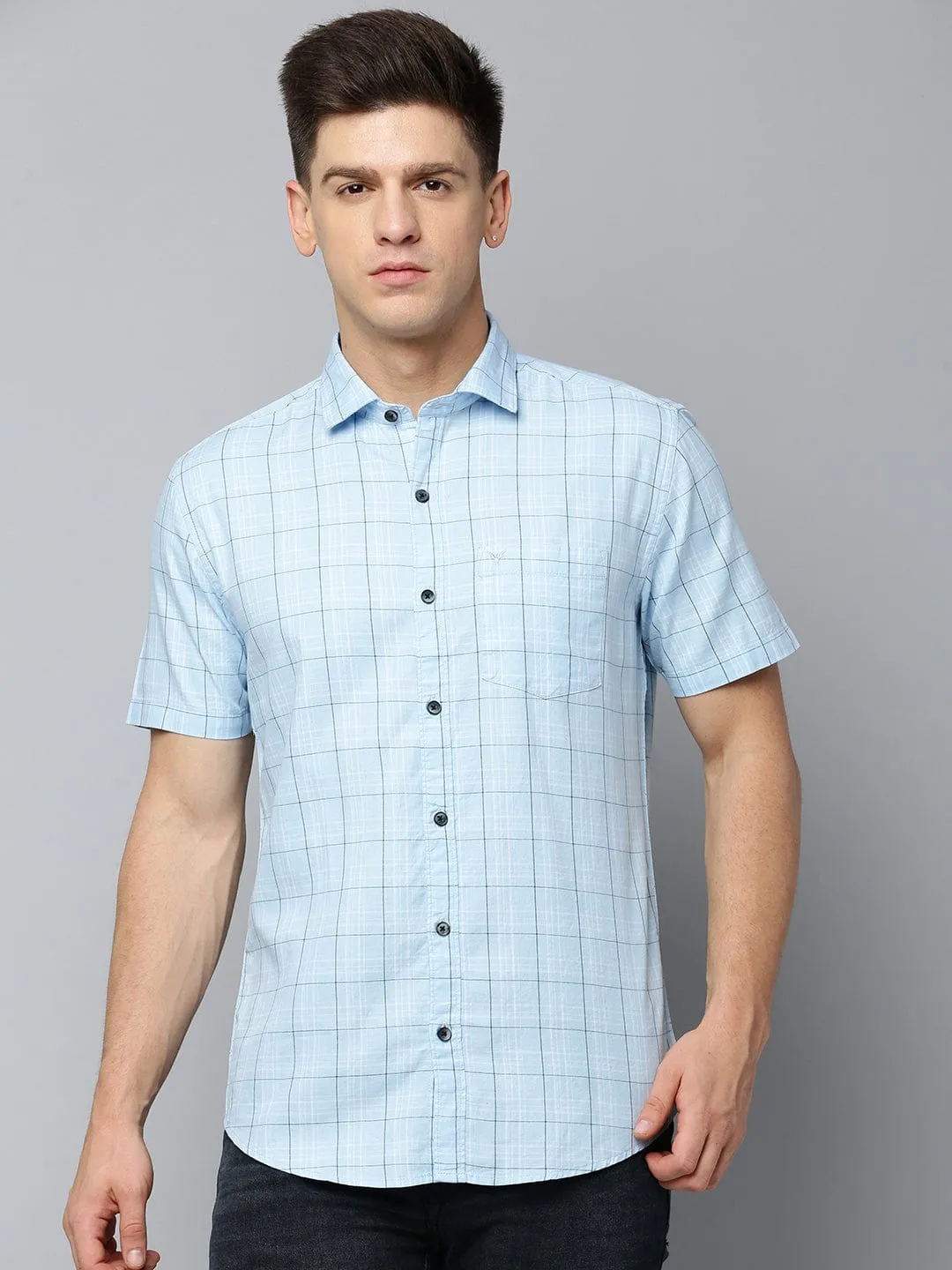 Men Blue Comfort Tartan Checked Twill Weave Casual Shirt