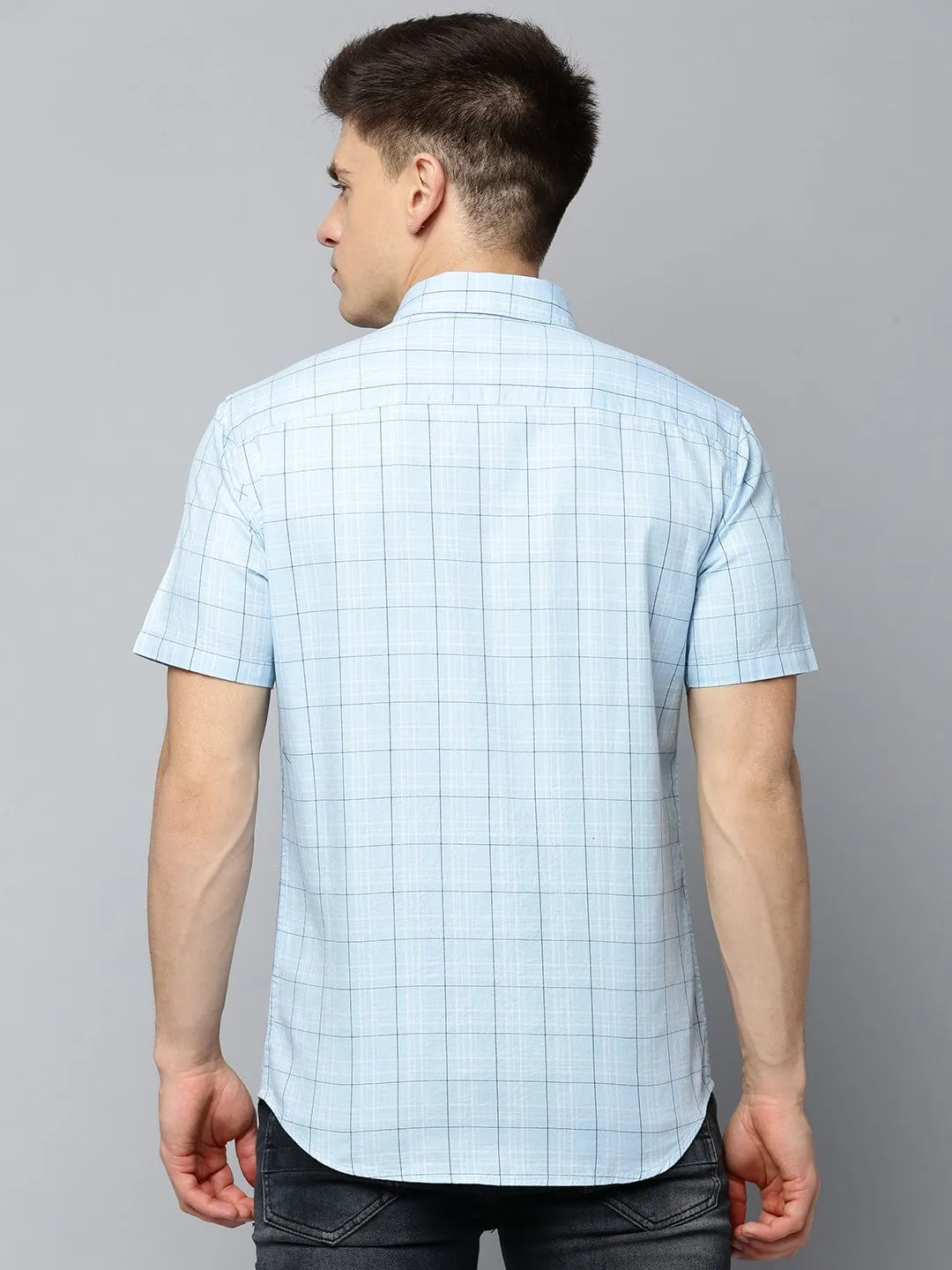 Men Blue Comfort Tartan Checked Twill Weave Casual Shirt