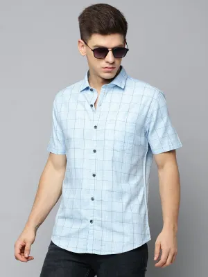 Men Blue Comfort Tartan Checked Twill Weave Casual Shirt