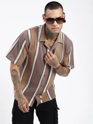 Men Brown Comfort Cuban Collar Vertical Striped Cotton Relaxed Fit Casual Shirt