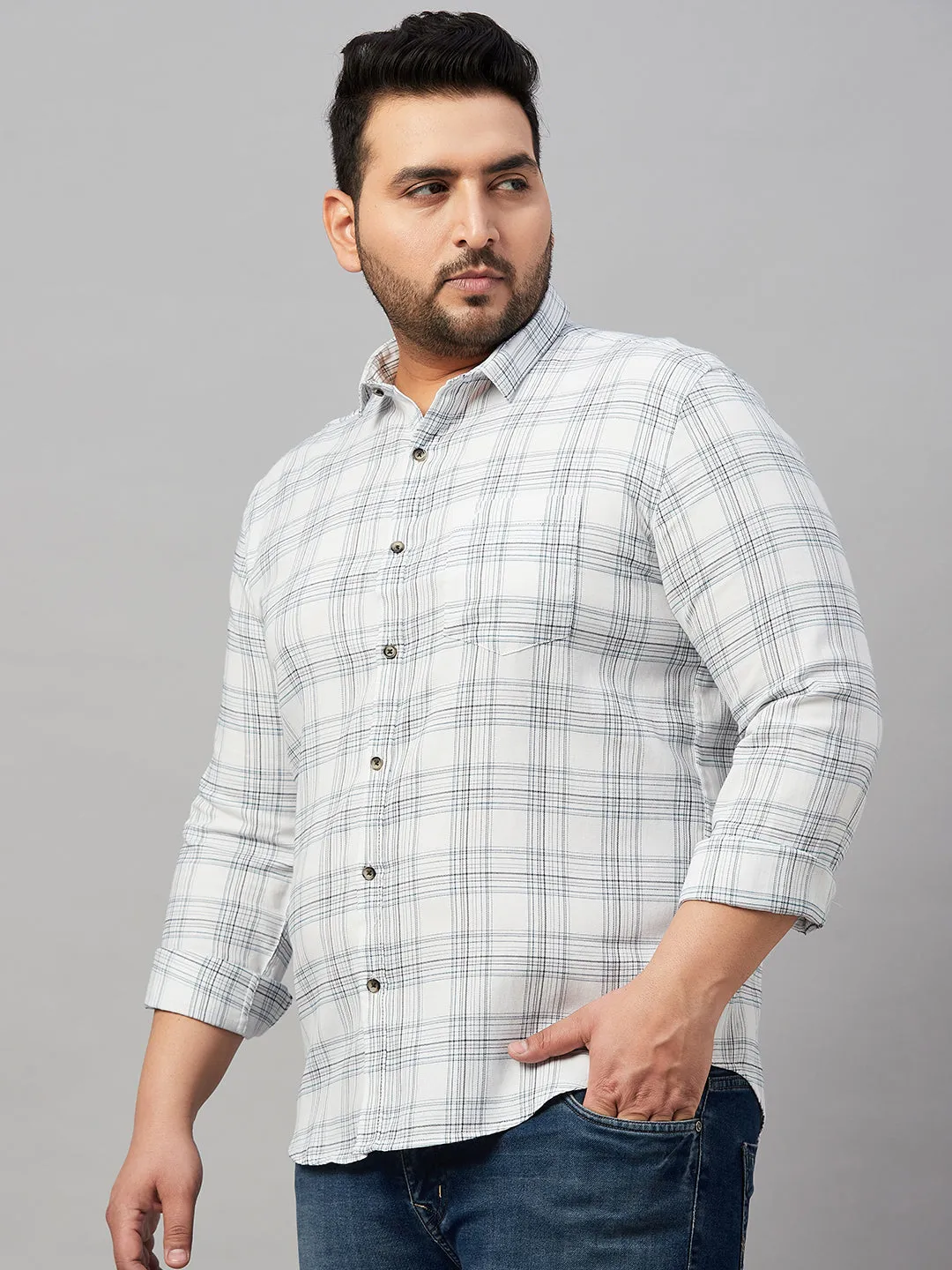 Men Checked White Casual Shirt