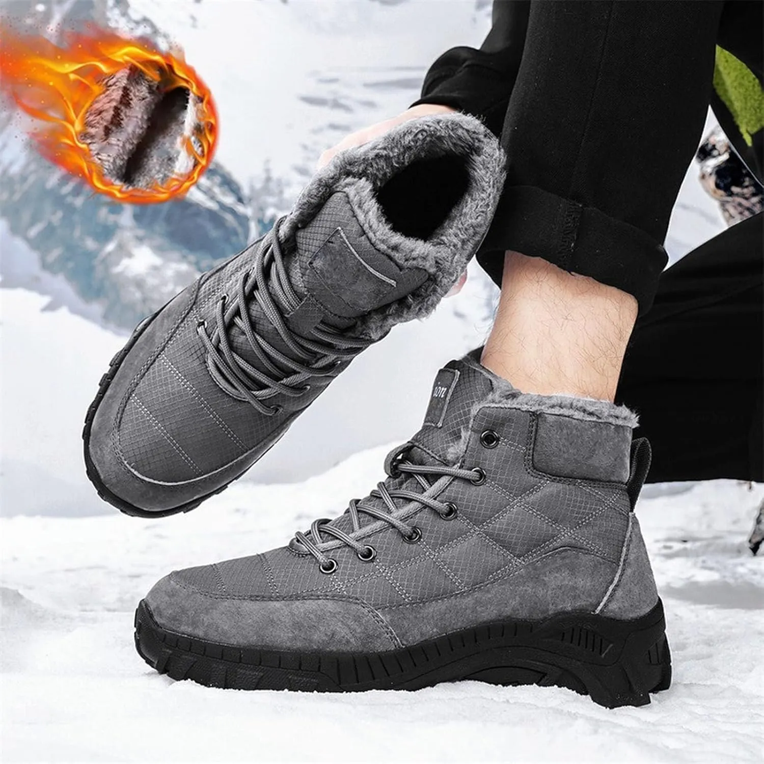 Men Work Boots Soft Toe Hiking Sneakers Warm Fur Lined Womens Safety Toe Shoes Slip On Waterproof Outdoor Shoes Lightweight Hike Grounded Footwear
