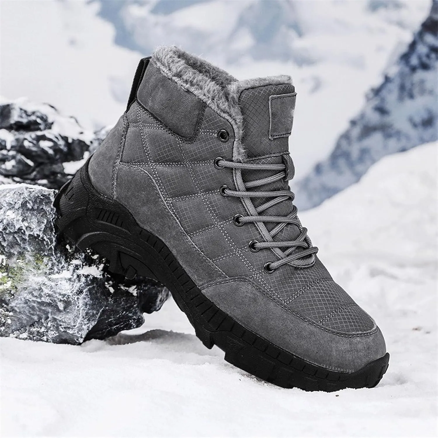 Men Work Boots Soft Toe Hiking Sneakers Warm Fur Lined Womens Safety Toe Shoes Slip On Waterproof Outdoor Shoes Lightweight Hike Grounded Footwear