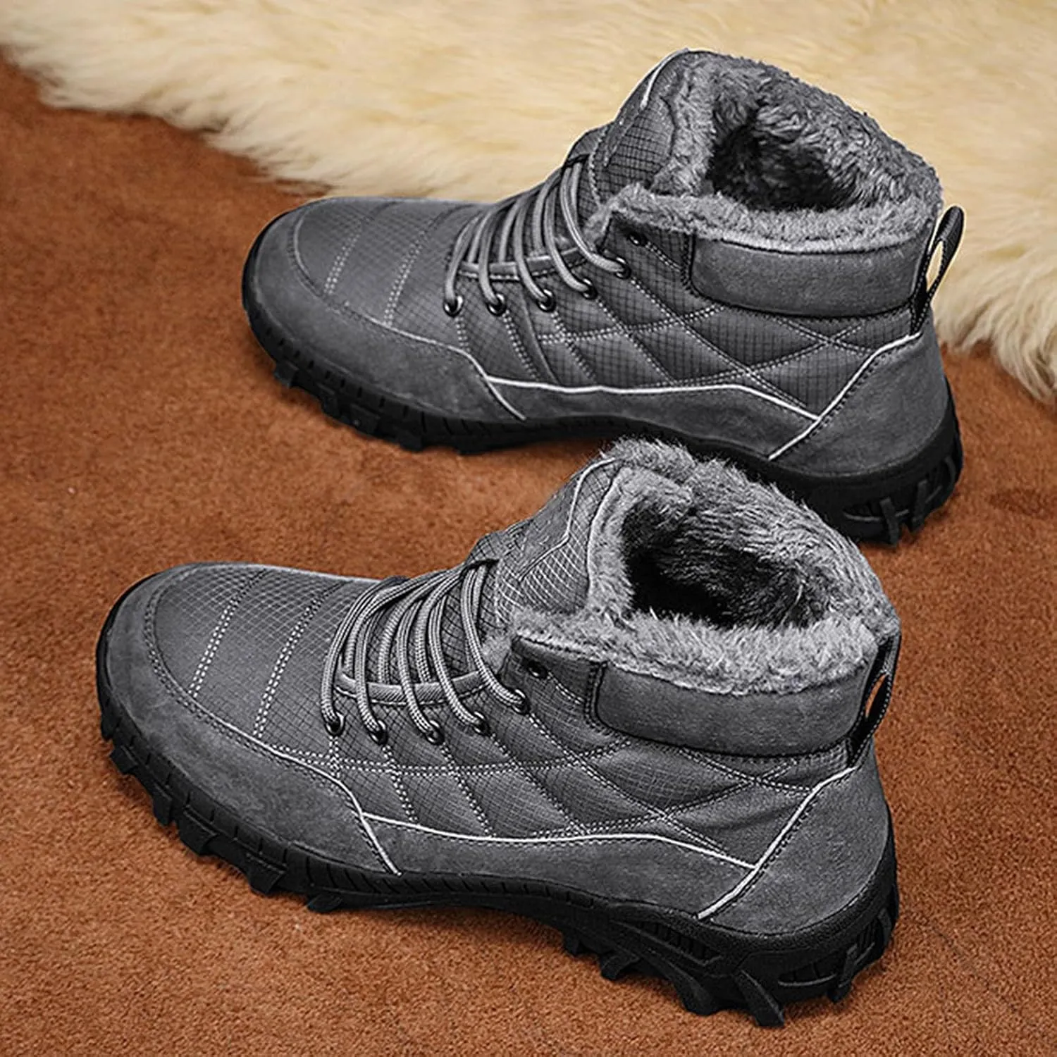 Men Work Boots Soft Toe Hiking Sneakers Warm Fur Lined Womens Safety Toe Shoes Slip On Waterproof Outdoor Shoes Lightweight Hike Grounded Footwear