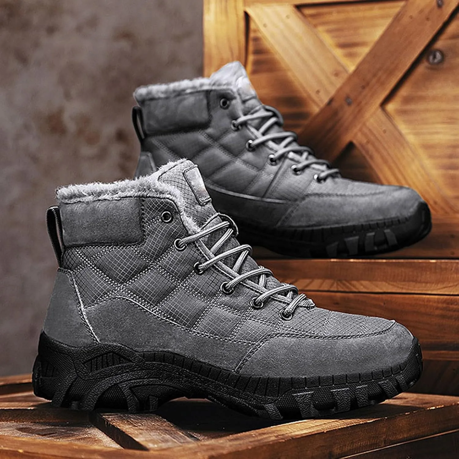 Men Work Boots Soft Toe Hiking Sneakers Warm Fur Lined Womens Safety Toe Shoes Slip On Waterproof Outdoor Shoes Lightweight Hike Grounded Footwear
