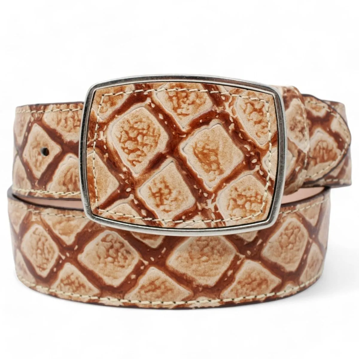 Original Pirarucu Print Leather Belt with Metal Buckle