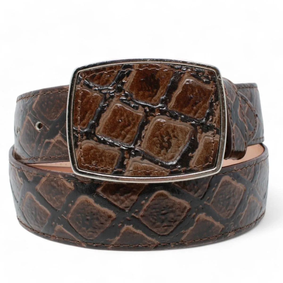 Original Pirarucu Print Leather Belt with Metal Buckle