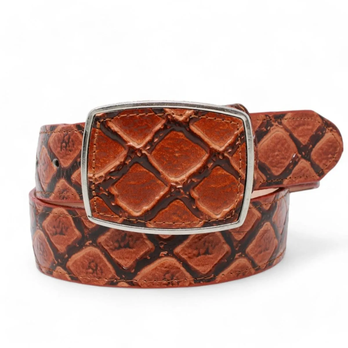 Original Pirarucu Print Leather Belt with Metal Buckle