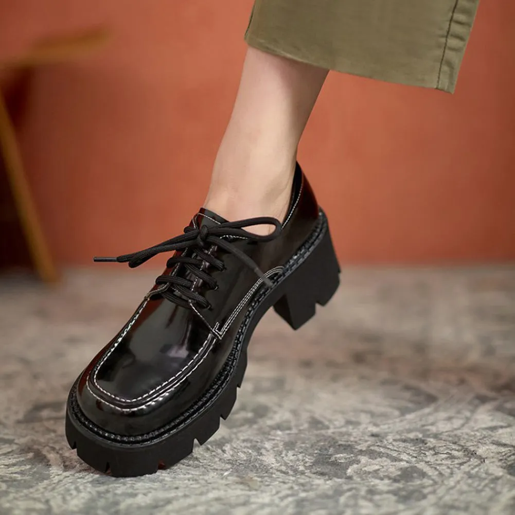 ROUND TOE LACE UP CHUNKY MID HEELS PLATFORM OXFORD SHOES