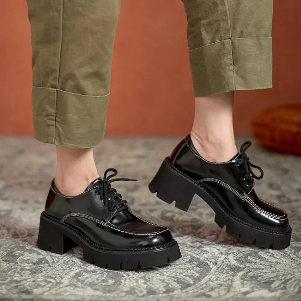 ROUND TOE LACE UP CHUNKY MID HEELS PLATFORM OXFORD SHOES