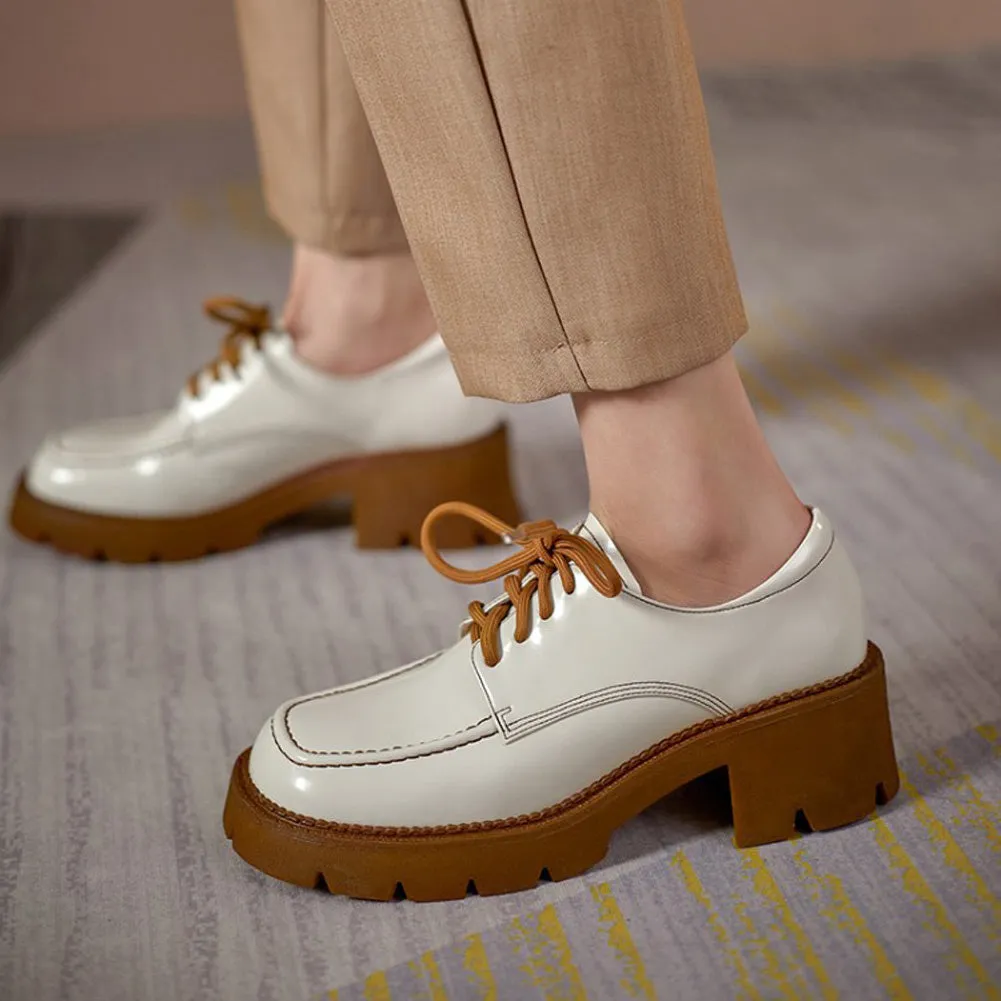 ROUND TOE LACE UP CHUNKY MID HEELS PLATFORM OXFORD SHOES
