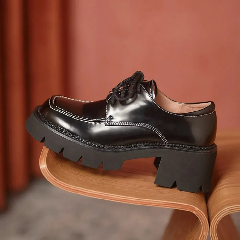 ROUND TOE LACE UP CHUNKY MID HEELS PLATFORM OXFORD SHOES