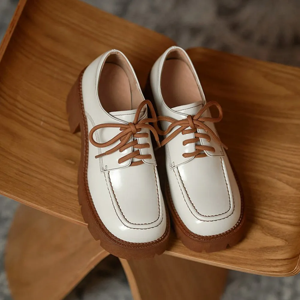 ROUND TOE LACE UP CHUNKY MID HEELS PLATFORM OXFORD SHOES