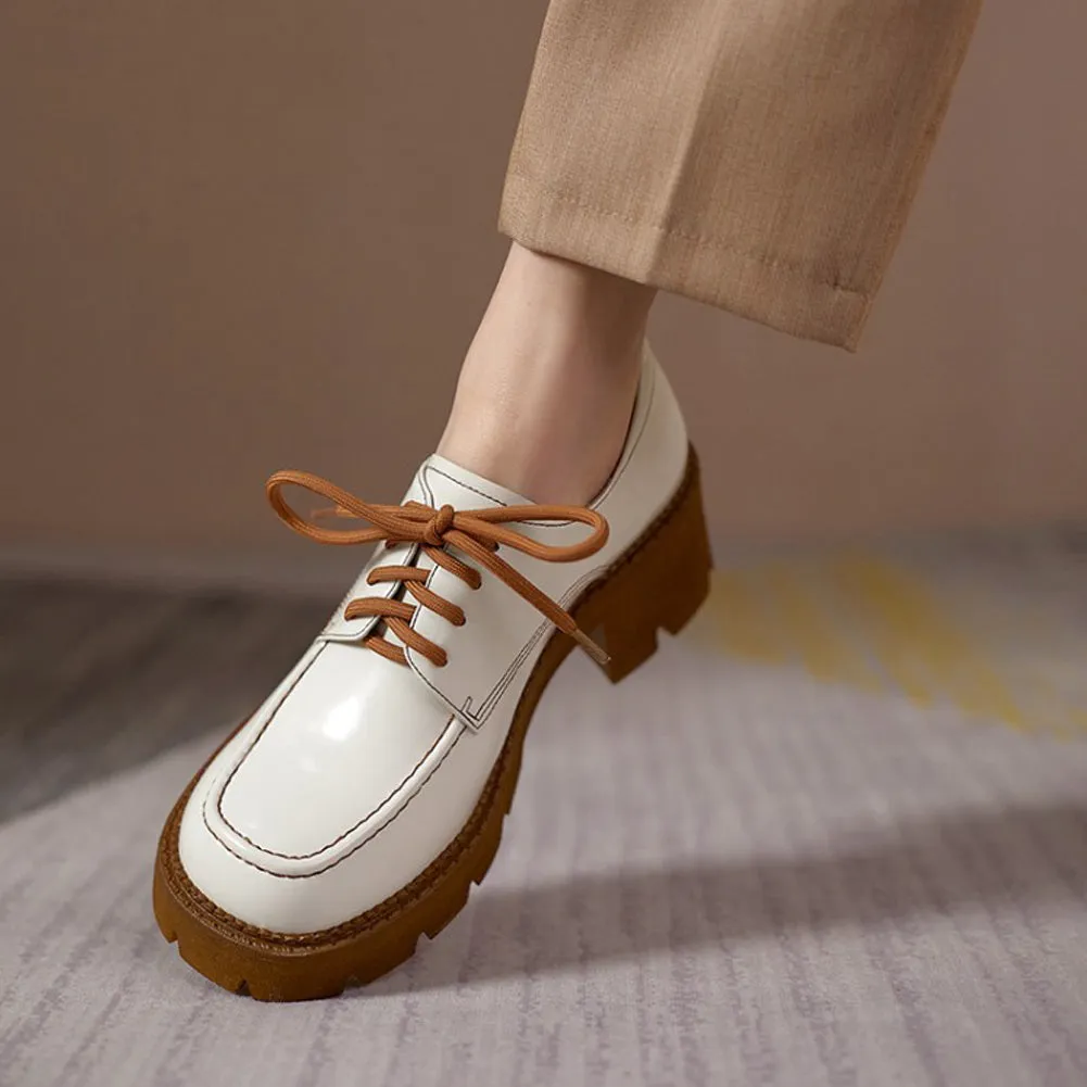 ROUND TOE LACE UP CHUNKY MID HEELS PLATFORM OXFORD SHOES