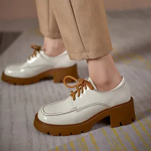 ROUND TOE LACE UP CHUNKY MID HEELS PLATFORM OXFORD SHOES