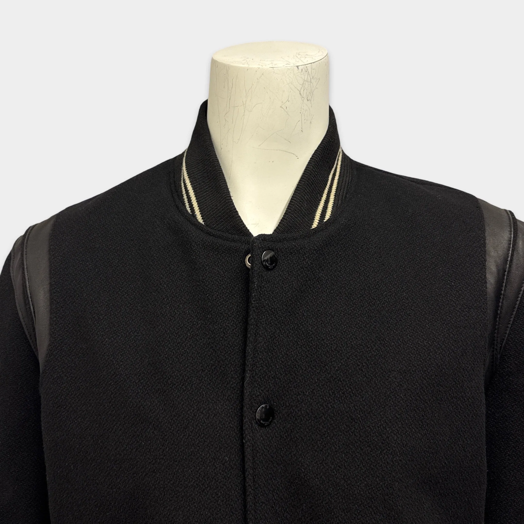 Saint Laurent Men's Wool and Leather Black Varsity Jacket