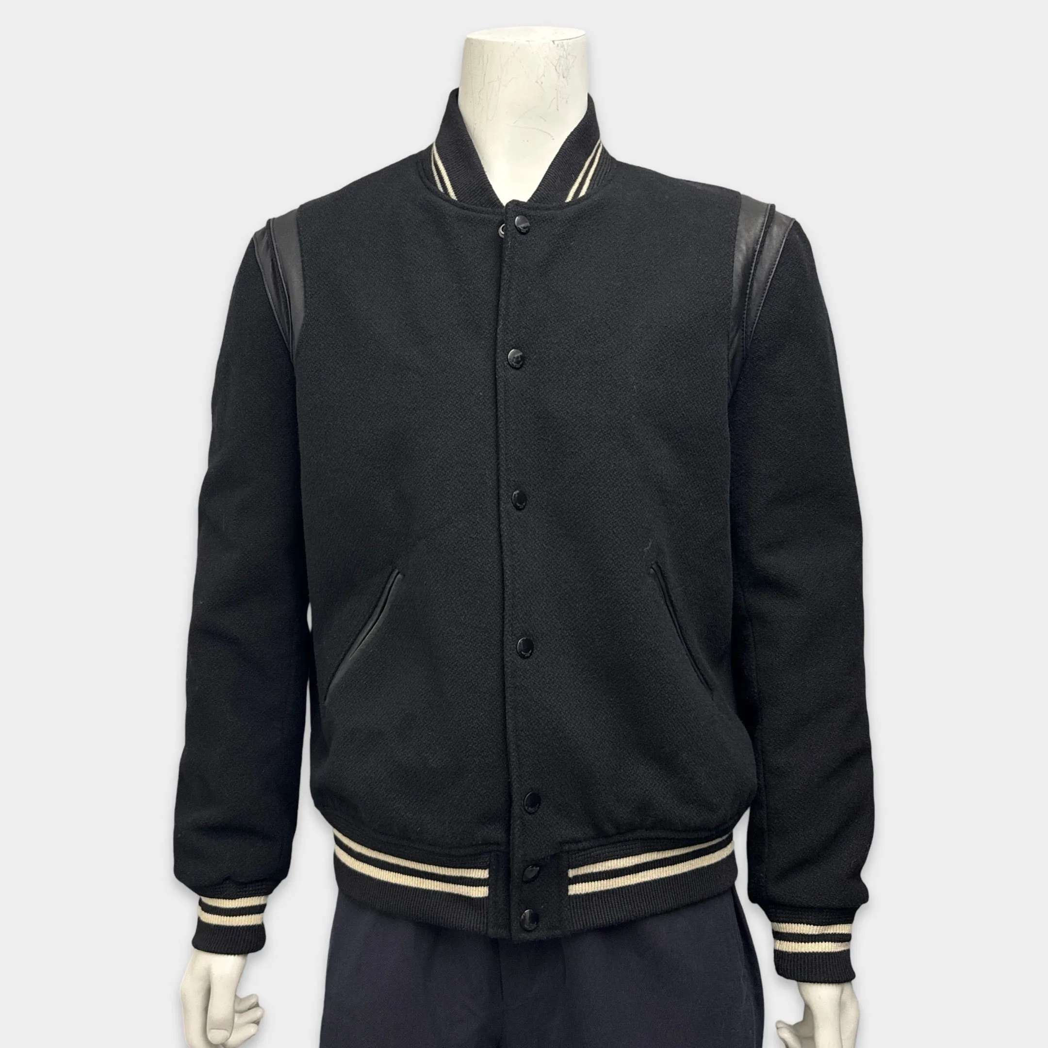 Saint Laurent Men's Wool and Leather Black Varsity Jacket