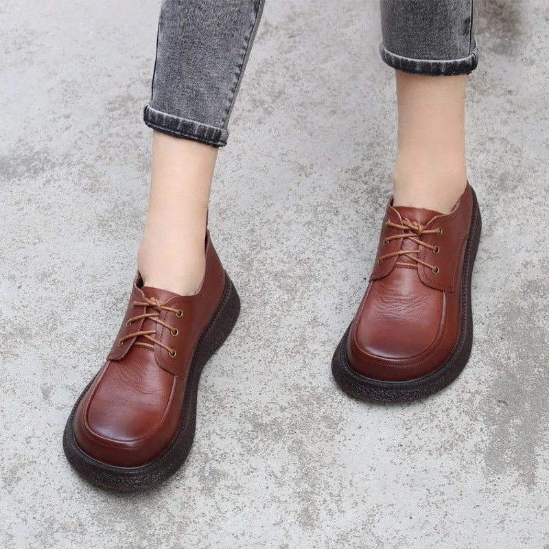 Women Handmade Genuine Leather Platform Oxford Shoes Round Toe in Coffee/Black