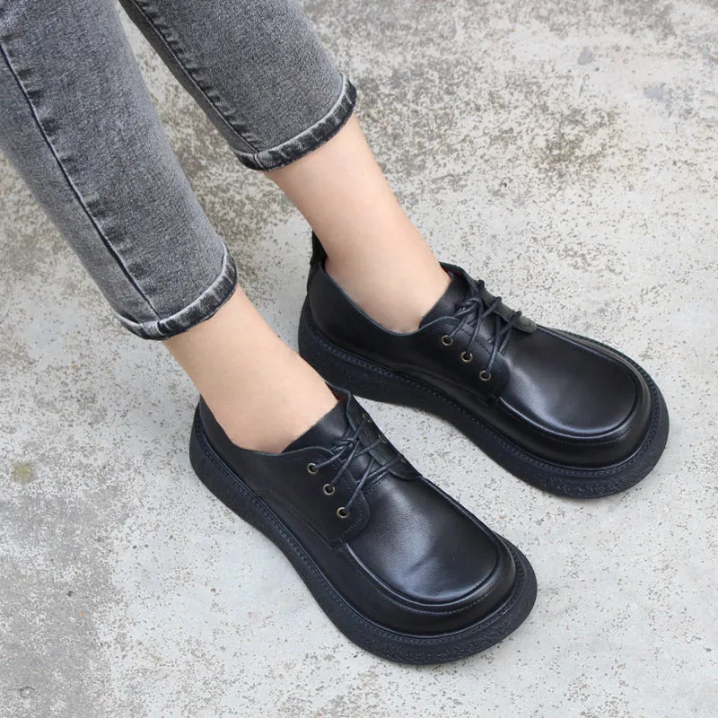 Women Handmade Genuine Leather Platform Oxford Shoes Round Toe in Coffee/Black